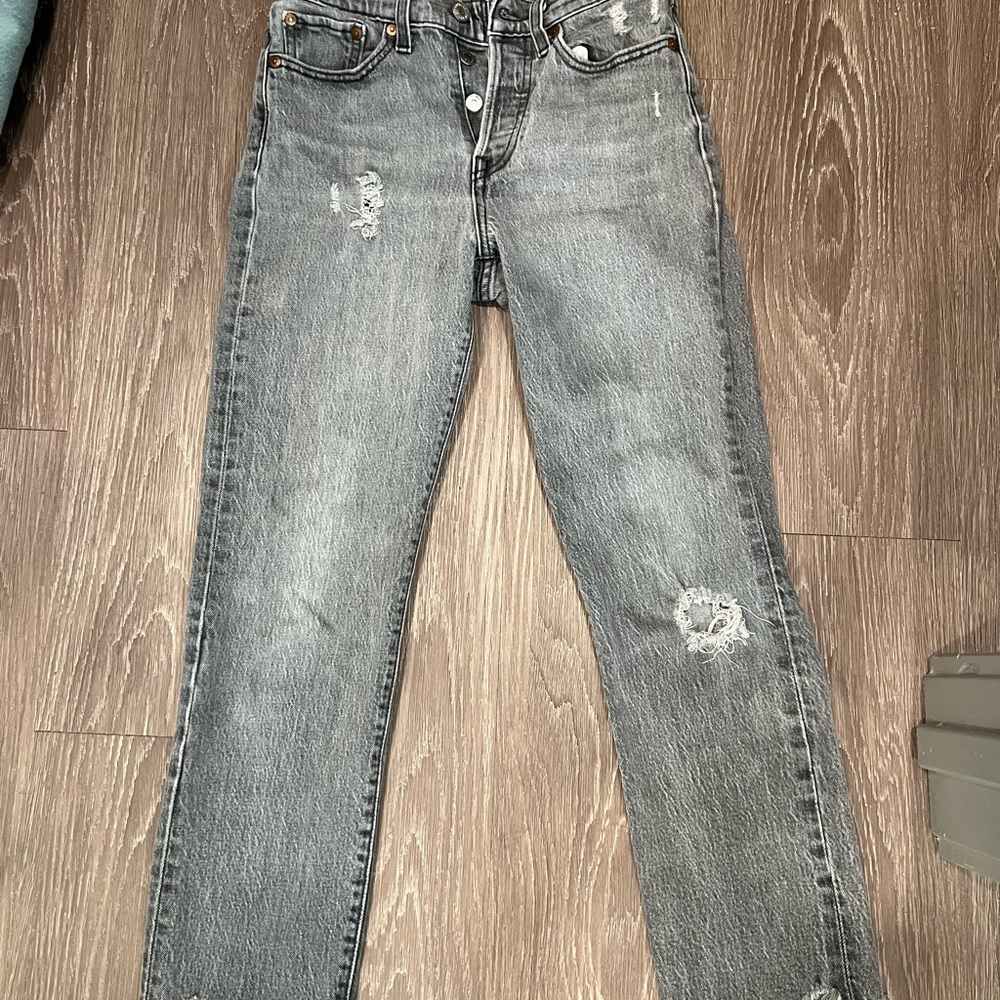 Gray Straight Leg Levi Distressed Jeans